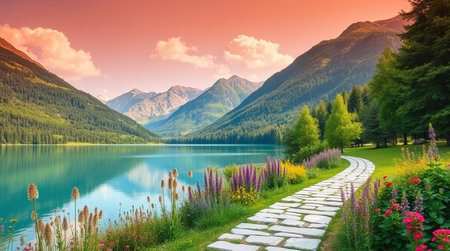 Beautiful lake in the mountains at sunset. Colorful summer landscape.