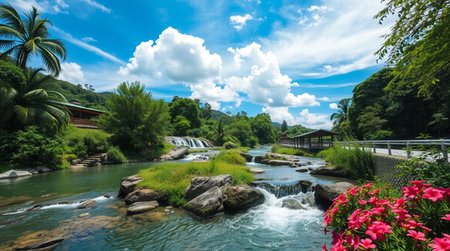 Beautiful waterfall in the park with blue sky and cloud background.の写真素材