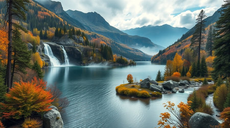 Autumn alpine lake with waterfall in Yading national level reserve, Daocheng County, Sichuan...