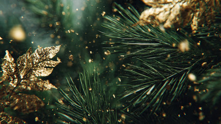 Christmas tree branch with golden ornaments close-up. Christmas backgroundの写真素材