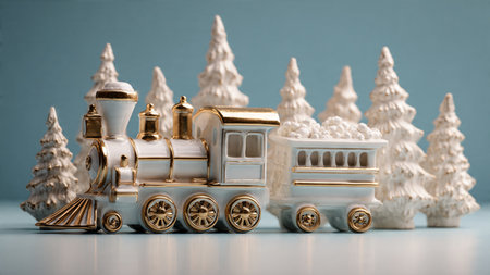 Toy train with Christmas trees and snowflakes on a blue background