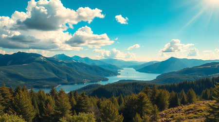 panoramic view of the lake and mountains in a sunny dayの写真素材