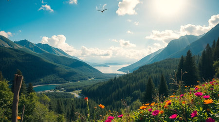 Beautiful summer landscape in the mountains with a lake and flowers.