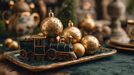 Vintage toy train with golden Christmas balls on a rustic backgroundの写真素材