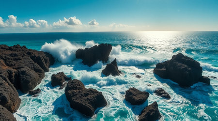 Aerial view of ocean waves crashing on the rocks. Beautiful seascape backgroundの写真素材