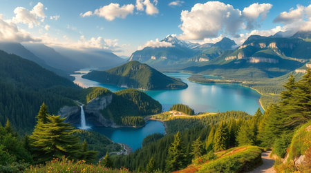 Panoramic view of the mountain lake. Mountain lake in the summer.