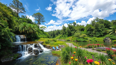 Waterfall in botanical garden in Sao Miguel island, Azores