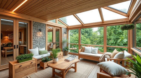 Interior of a modern living room with wooden furniture and garden view