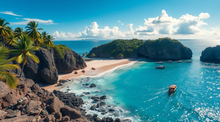 Panoramic aerial view of beautiful tropical beach at Seychellesの写真素材
