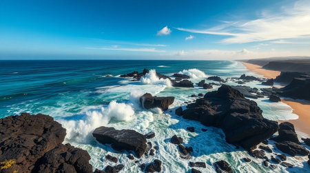 Panoramic aerial view of the ocean with waves crashing on the rocks