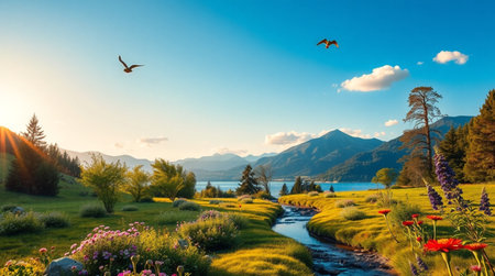 Beautiful view of a lake in the Alps during springの写真素材
