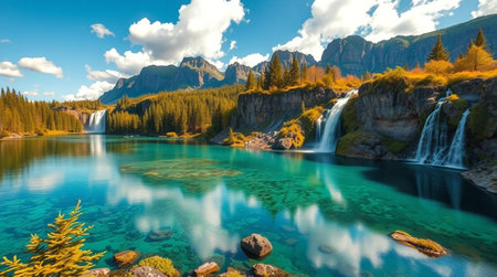 Beautiful alpine lake with a waterfall