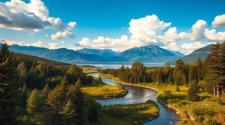 Aerial view of the river and mountains in the background. Altai, Russia