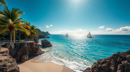 Panoramic view of beautiful beach with palm trees and yachtsの写真素材