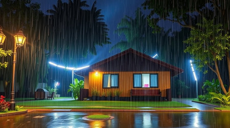 3d rendering of house in the rain at night with light backgroundの写真素材