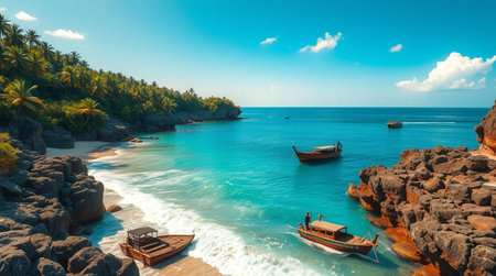 Tropical beach with fishing boats and palm treesの写真素材