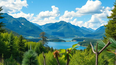 Panoramic view of the lake in the mountains on a sunny day