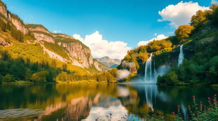 Waterfall in the mountains. Summer landscape with a beautiful lake.の写真素材