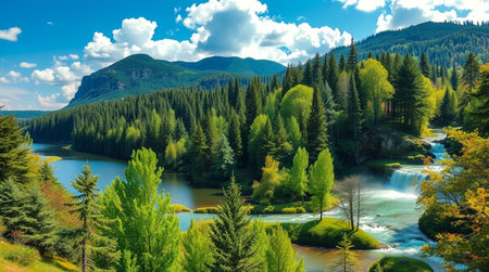 Panoramic view of the mountain river in the Altai Republic, Russia