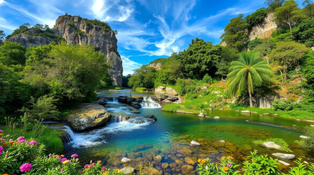 Beautiful landscape with waterfalls in the mountains. Summer time.の写真素材