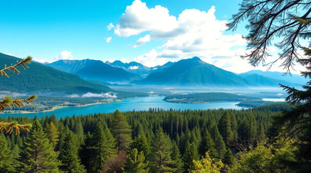 Mountains and lake in the forest. Siberia. Russian Far East.