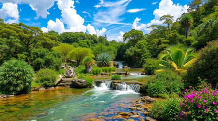 Beautiful landscape of tropical garden with waterfall and palm trees in summer
