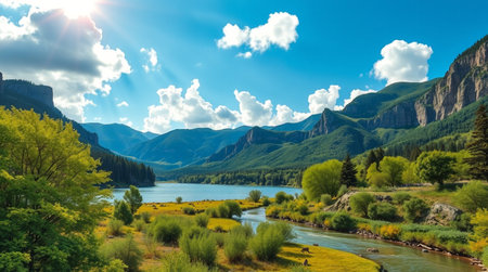 Beautiful spring landscape with mountain river and blue sky with white cloudsの写真素材