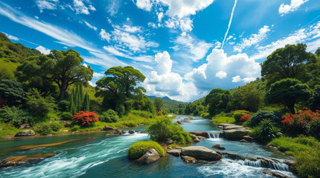 Beautiful landscape of a river in a green forest with blue sky