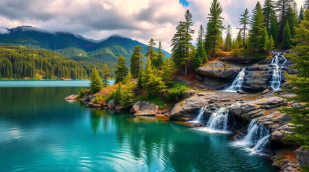 Beautiful mountain lake with turquoise water and pine forest on the backgroundの写真素材