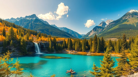 Panoramic view of turquoise mountain lake in autumn.