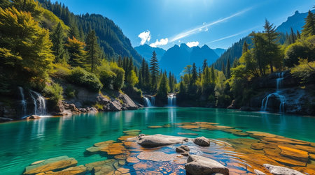 Beautiful mountain lake with clear turquoise water and blue sky