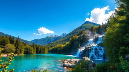Waterfall in the mountains. Beautiful landscape of the mountain lake.の写真素材