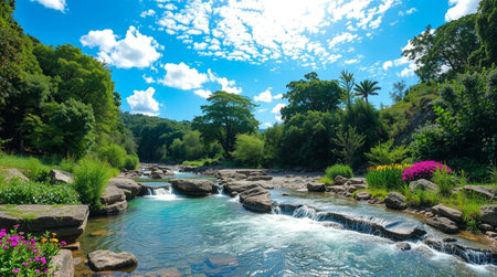Beautiful waterfall in the tropical forest with blue sky and white clouds