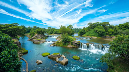 Panoramic view of waterfall with blue sky and green grass.
