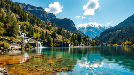 Beautiful view of alpine lake with waterfall in autumn, Switzerlandの写真素材