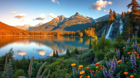 Beautiful alpine lake at sunrise, Canadian Rockies, Alberta, Canada