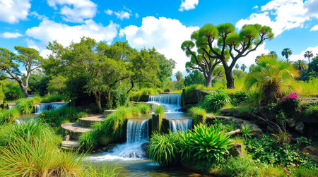 Waterfall in a beautiful tropical garden. Panoramic view.の写真素材