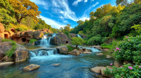 Panoramic view of a waterfall in a park in Sydney Australia