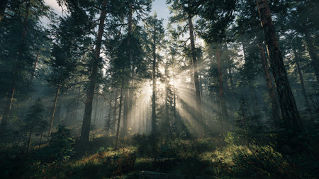 Morning in the forest with sunbeams and fog in the treesの写真素材