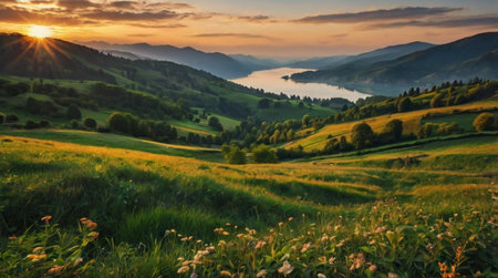 Green meadow with a view of the mountain and lake at sunset.の写真素材