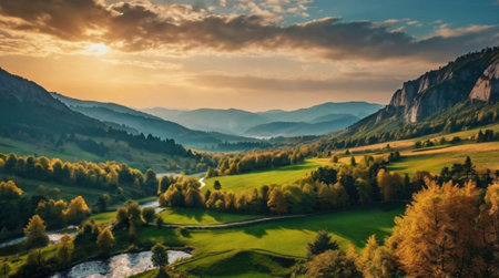 Sunset behind mountain lake with calm surface.の写真素材