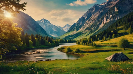 Sandy river shore bordered by green pine woods.の写真素材