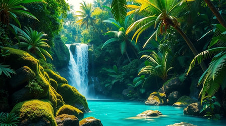 A tall waterfall with mist rising and sunlight filtering through the trees.の写真素材