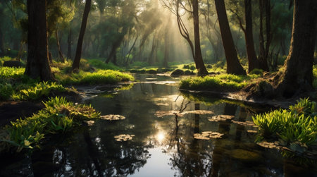 Golden-lit forest stream with curved tree roots.の写真素材