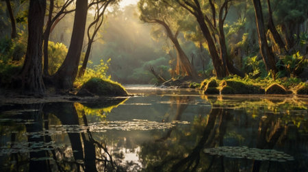 Light beams breaking through thick forest canopy.の写真素材