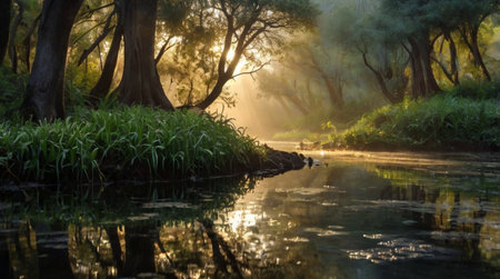 Swampy forest area under gentle golden daylight.の写真素材