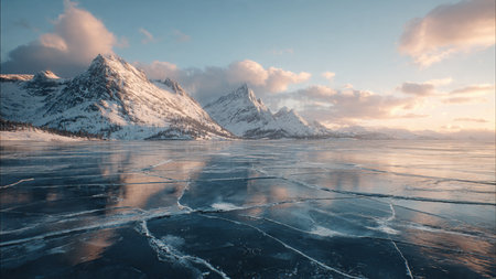 Winter landscape with frozen lake and mountains in the background, Lofoten islands, Norwayの写真素材