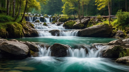 Foamy falls flowing between mossy boulders.の写真素材