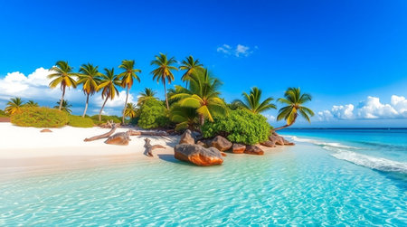 Tropical bay surrounded by dense palms.の写真素材