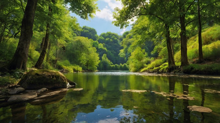 Fresh green hills rolling under bright summer sky.の写真素材